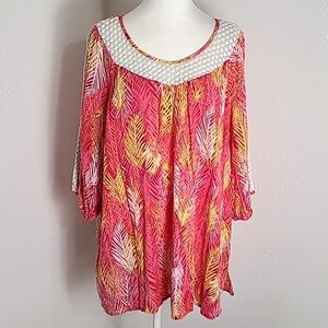 Catherines Pink, Yellow, White Print Top, Embroidered on Sleeves & Neckline, 3X